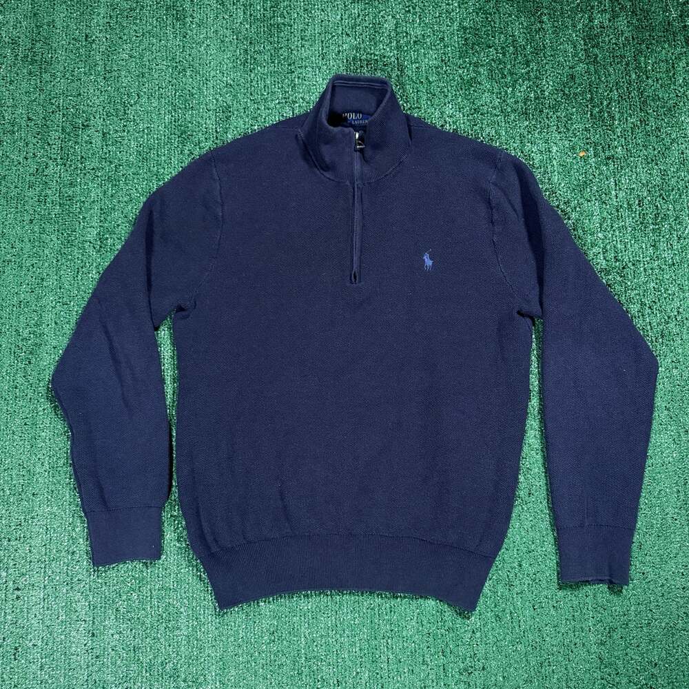 Polo Ralph Lauren Mesh Navy Blue Half-Zip Sweater, Size Medium